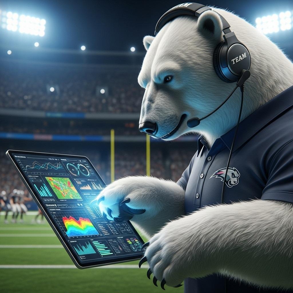 A polar bear dressed as a football coach stands on the sidelines of a stadium at night, intently analyzing glowing charts and data on a tablet.